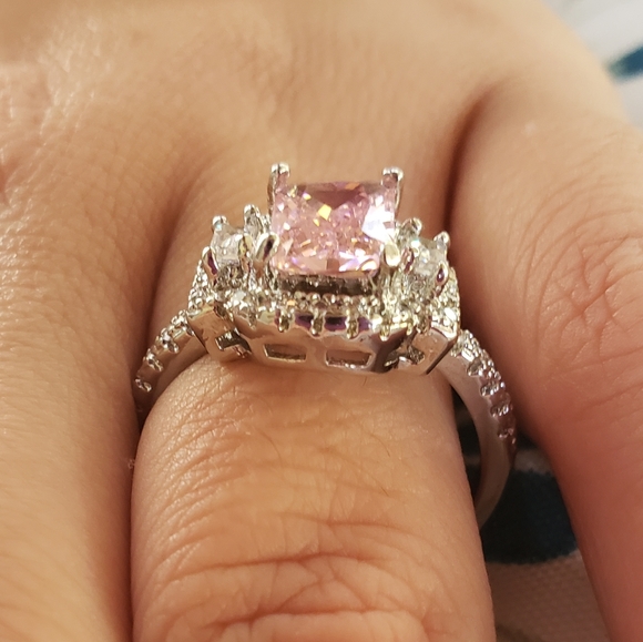 FAIRY TALE 925 BRILLIANT EMERALD-CUT 1.83CT PINK & WHITE TOPAZ QUARTZ RING - Picture 10 of 11